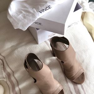 VINCE Tan Leather Open Toe Booties